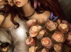 Kobieta, Bukiet, Róż, Motyl