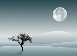 Zima, Drzewo, Śnieg, Księżyc, Grafika