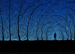 Noc, Drzewa, Człowiek, Grafika