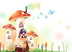 Grzyby, Domek, Drzewa, Ptaki, Fantazja