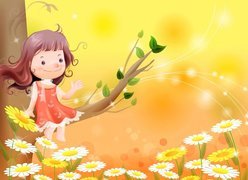 Kwiaty, Stokrotki, Drzewo, Dziewczynka