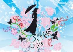 Kwiaty, Kobieta, Parasol, Motyle