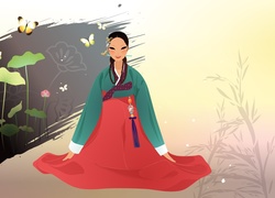 Kobieta, Gejsza, Kimono, Kwiaty