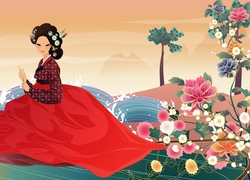 Kobieta, Japonka, Kwiaty, Suknia