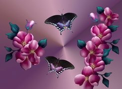 Kwiaty, Motyle, Grafika