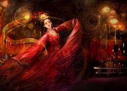 Kobieta, Czerwona, Suknia, Grafika