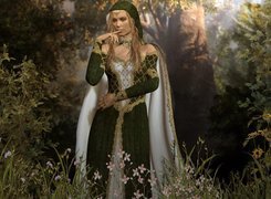 Kobieta, Peleryna, Drzewa, Kwiaty