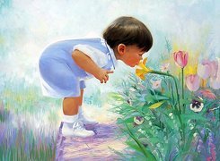 Dziecko, Kwiaty, Ogród