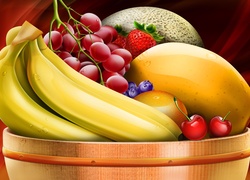 Banany, Winogrona, Truskawki, 2D, Owoce