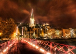 Most, Światła, Wieczór, Lyon, Francja