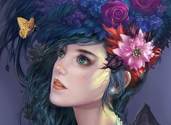 Kobieta, Kwiaty, Motyl