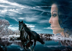 Dziewczyna, Koń, Woda, Chmury