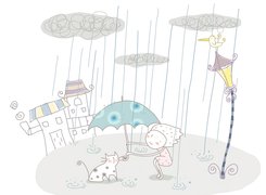 Dziewczynka, Deszcz, Kot, Parasol  Dla dzieci