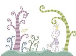 Fantasy, Dziecko, Kotek, Drzewa