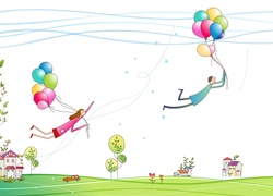Para, Zakochanych, Balony, Lot, Rysunek