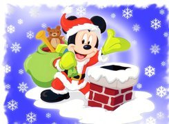 Święta, Myszka, Miki, Prezenty, Płatki, Śniegu, Mikołaj