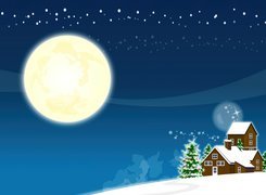 Boże, Narodzenie, Noc, Księżyc, Domek, Choinka