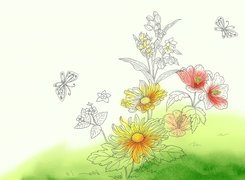 Różne, Kwiatki, Motyle, Rysunek