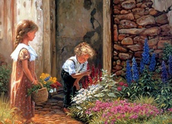 Dziewczynka, Chłopiec, Kwiatki, Donald Zolan