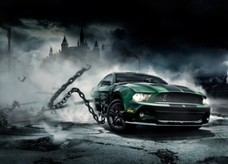 Ford, Mustang, Zielony, Noc, Łańcuchy