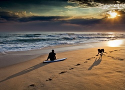 Morze, Plaża, Pies, Surfer