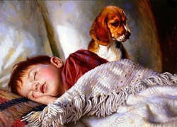 Śpiący, Chłopiec, Pies, Donald Zolan