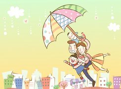 Szczęśliwa, Rodzinka, Parasol, Lot, Dla dzieci
