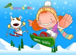 Zima, Śnieg, Dziecko, Pies, Snowboard