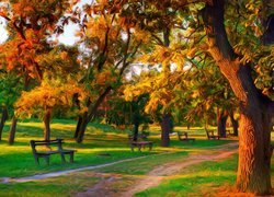 Jesień, Drzewa, Ławka, Park