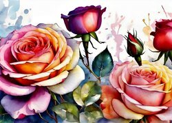 Róże, Kolorowe, Kwiaty, Akwarela, Grafika