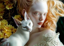 Dziewczyna, Albinoska, Biały, Kot, Żółte, Kwiaty