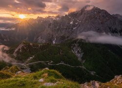 Góry, Alpy Julijskie, Góra, Mala Mojstrovka, Dolina, Droga, Wschód słońca, Słowenia