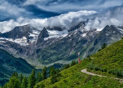 Alpy Ötztalskie, Granica, Drzewa, Droga, Chmury