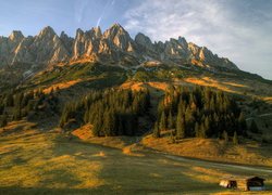Góry, Alpy Salzburskie, Las, Droga, Szopa, Zachód słońca, Austria