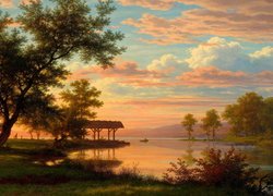 Malarstwo, Obraz, Robert Zund, Rzeka, Altana, Drzewa, Zachód słońca