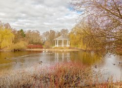 Park, Wiosna, Drzewa, Staw, Altana, Kaczki