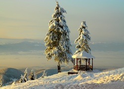 Altanka przy ośnieżonych świerkach w zimowych górach