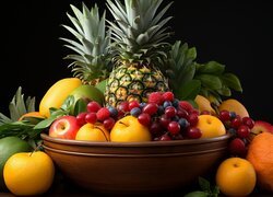 Kompozycja, Owoce, Miska, Cytrusy, Ananas, Jagody