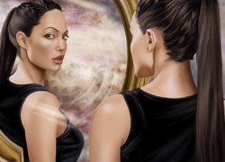 Angelina Jolie jako Lara Croft spogląda w lustro