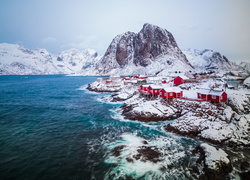 Lofoty, Norwegia, Zima, Domy, Morze, Góry