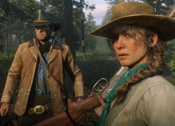 Gra, Red Dead Redemption 2, Arthur Morgan, Sadie Adler, Warkocz, Kapelusz, Karabin