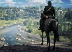 Gra, Red Dead Redemption 2, Jeździec, Kowboj, Arthur Morgan, Koń, Skała, Rzeka, Dolina