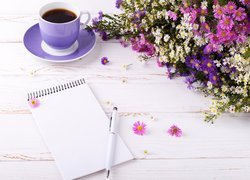 Kwiaty, Astry, Przymiotno, Filiżanka, Kawy, Notes, Długopis