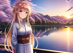 Dziewczyna, Asuna, Kimono, Rzeka, Most, Anime, Sword Art Online