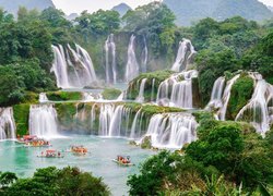 Wodospad Ban Gioc Waterfall, Łodzie, Jezioro, Rzeka, Cao Bang, Wietnam