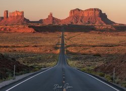 Zachód słońca, Droga, Jesień, Skały, Dolina Pomników, Wyżyna Colorado, Monument Valley, Stan Utah, Stany Zjednoczone