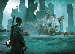 Atreus z gry God of War Ragnarok przed uwięzionym wilkiem