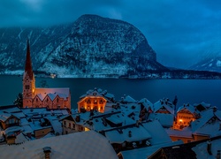 Hallstatt, Austria, Zima, Góry, Jezioro, Kościół, Noc