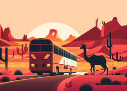 Autobus na drodze przez pustynię w grafice