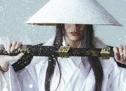 Azjatka, Białe, Kimono, Miecz, Śnieg